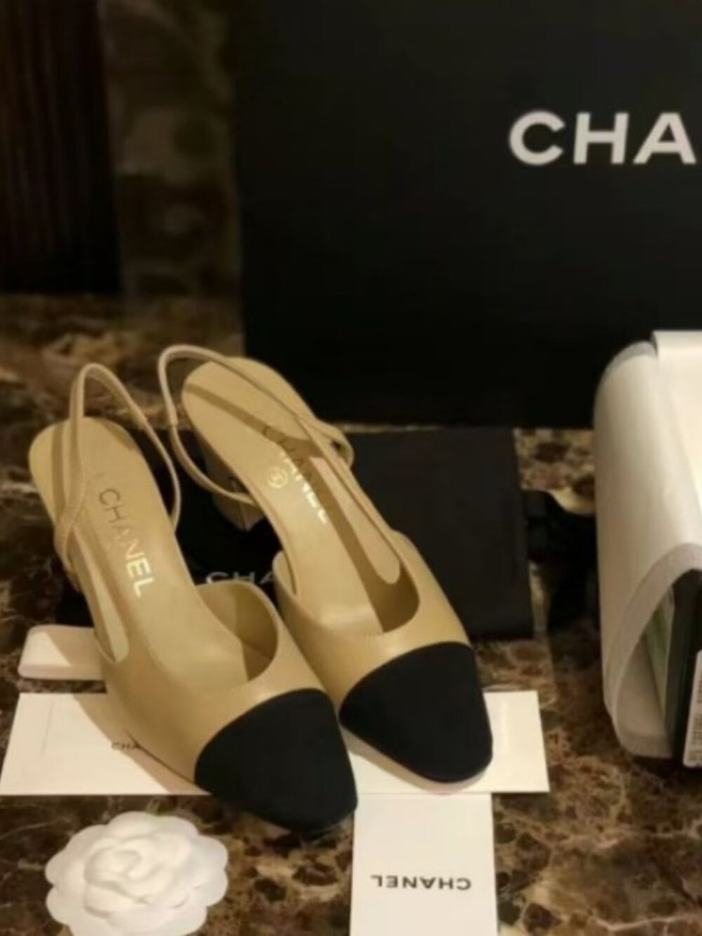 Chanel Slingback Pumps – Beige Black Leather